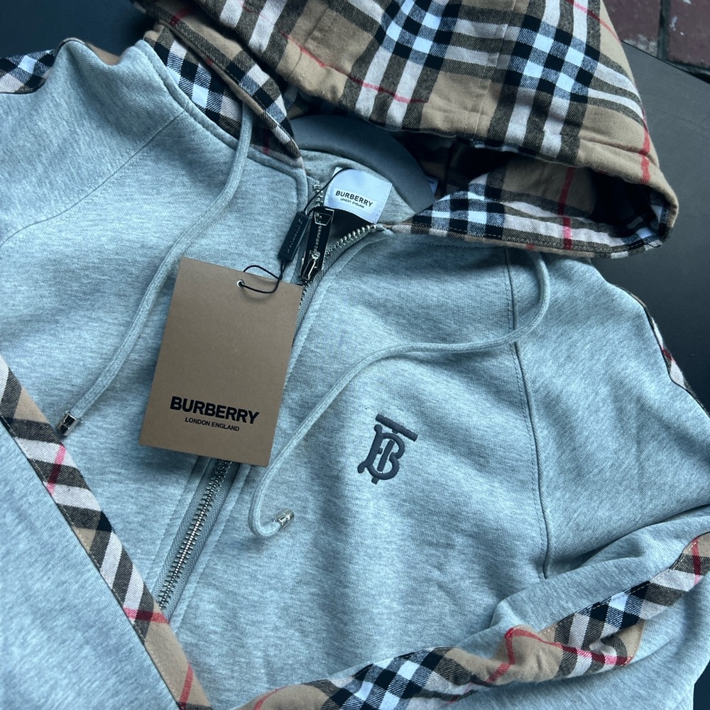 Burberry Light Gray Zip Hoodie with Vintage Check Accents - Picture 2 of 4
